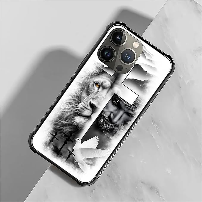 for iPhone 14 Pro Case, Lion Cross Jesus Christ Dove Pattern Graphic Design Girl Boy Soft Silicone Hard Acrylic Shock Protection for iPhone 14 Pro