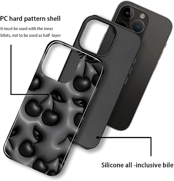 for iPhone 15 Pro Case,HL2 Cute Cool Cherry Black Hybrid 2 Layer Hard Shell Silicone Protective Pattern Design Case