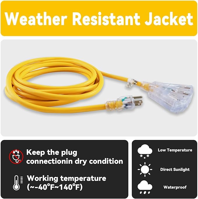 EP 8 Ft 12 Gauge Heavy Duty Extension Cord, 15A 125V 1875W, 3 Outlet Indoor/Outdoor Power Cord with Lighted End, 12/3 SJTW Weatherproof Yellow