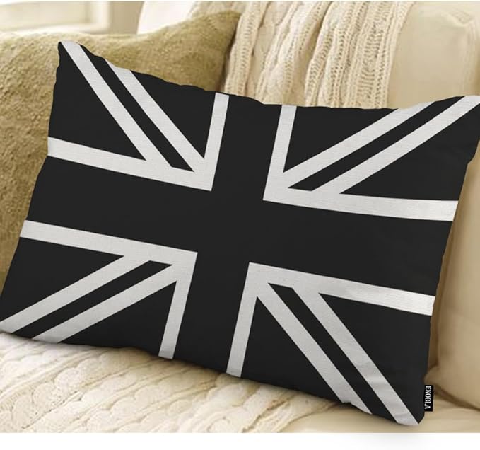 EKOBLA UK Flag Pillow Cases Union Jack Black White United Kingdom National Banner Linen Lumber Decorative Throw Cushion Cover Pillowcases for Bed Sofa Oblong Rectangle 12x20 Inches