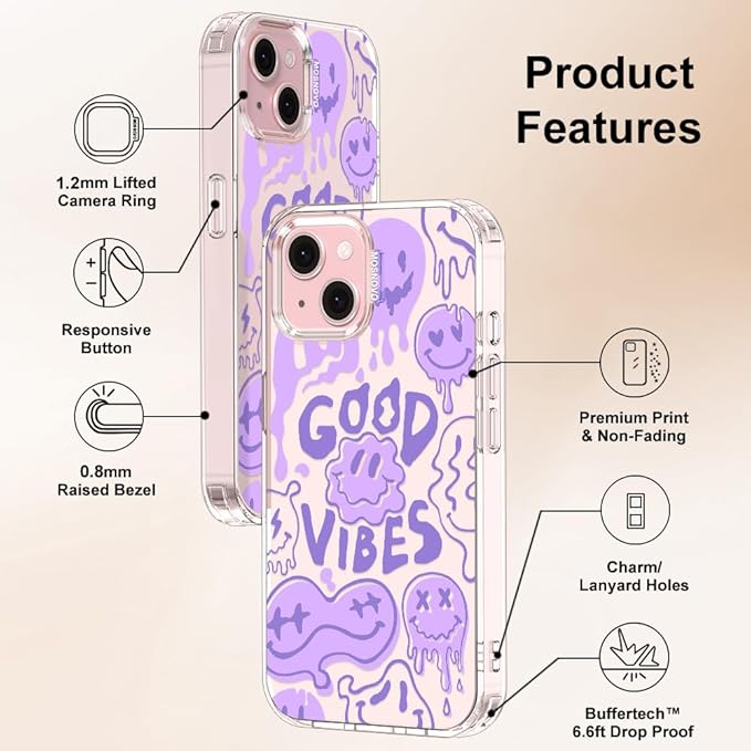 MOSNOVO Case for iPhone 15 Plus/iPhone 14 Plus, [Buffertech 6.6ft Military-Grade Drop Protection] [Anti Peel Off Tech] Clear TPU Bumper Phone Case Cover Design - Good Vibes
