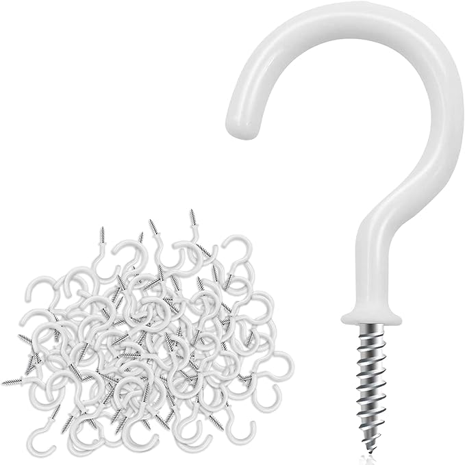 Cup Screw Hooks,1 inch Vinyl Coated Ceiling100 Pack Screw in Hooks Plant Hanger Wind Chimes Kitchen Cup Hooks Great for Hanging Indoor & Outdoor Use(White)