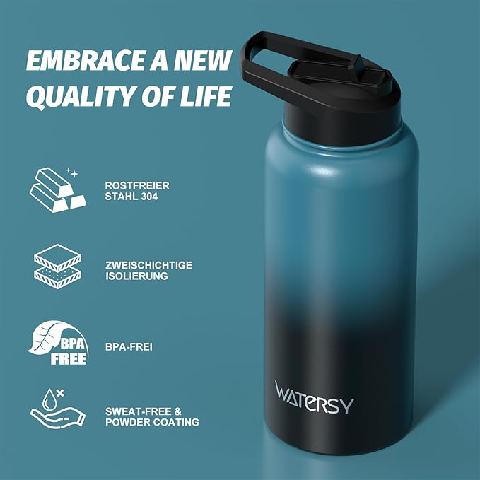 32oz Insulated Water Bottle (Cold for 48 Hrs),BPA Free&Leak Proof,Stainless Steel Water Flask,Water Jug with Straw Spout Lids for Gym,Hiking,Travel,Black Blue