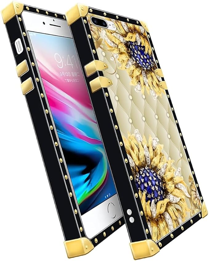 Compatible with iPhone 8 Plus 7 Plus Case, Sunflower Diamonds Leather Luxury Golden Decoration for Girl Women Soft TPU Shockproof Protective Hard PC Back for iPhone 8 Plus 7 Plus