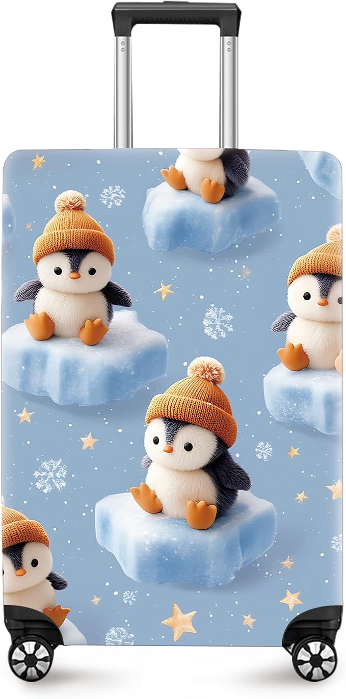 ANNA QUEEN Winter Penguin Luggage Cover, Cute Penguin on Ice Pattern Suitcase Protector, Washable Stretchable Travel Sleeve for 20-22 Inch Luggage
