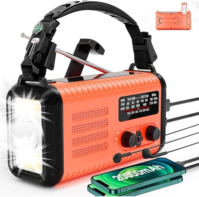 20000mAh Weather Radio NOAA/AM/FM, Emergency Radio Hand Crank Solar Flashlight Battery Powered Phone Charger, Reading Lamp, Headphone Jack, SOS & Compass for Storm Emergencies