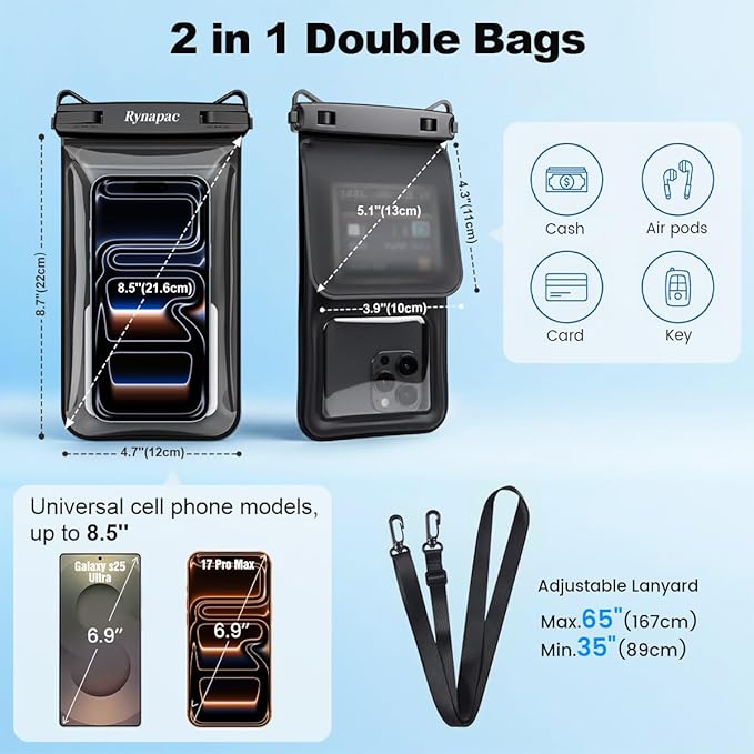 Rynapac IPX8 Waterproof Phone Pouch Floating, [Up to 8.5''] Double Space Waterproof Phone Case with Adjustable Lanyard for iPhone 17 16 15 Pro Max, Cell Phone Dry Bag for Beach Cruise Essentials 2026