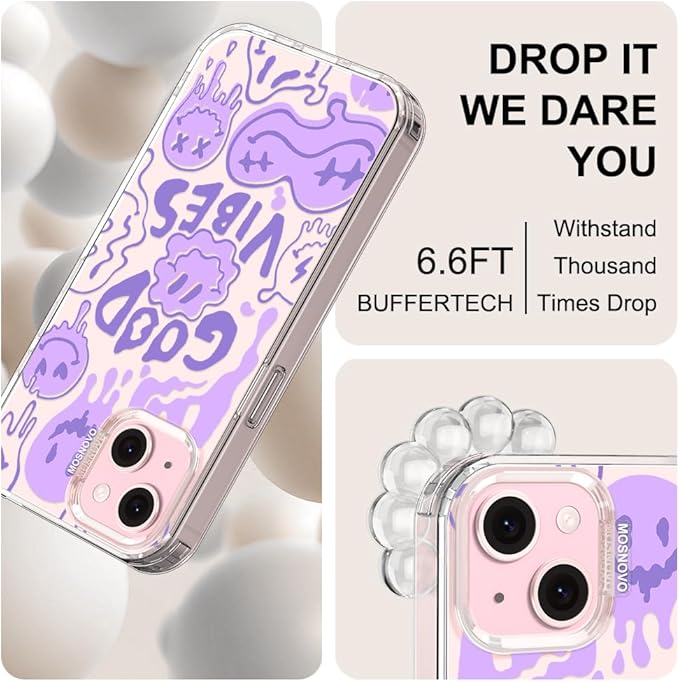 MOSNOVO Case for iPhone 15, [Buffertech 6.6ft Military-Grade Drop Protection] [Anti Peel Off Tech] Clear TPU Bumper Phone Case Cover Design - Good Vibes