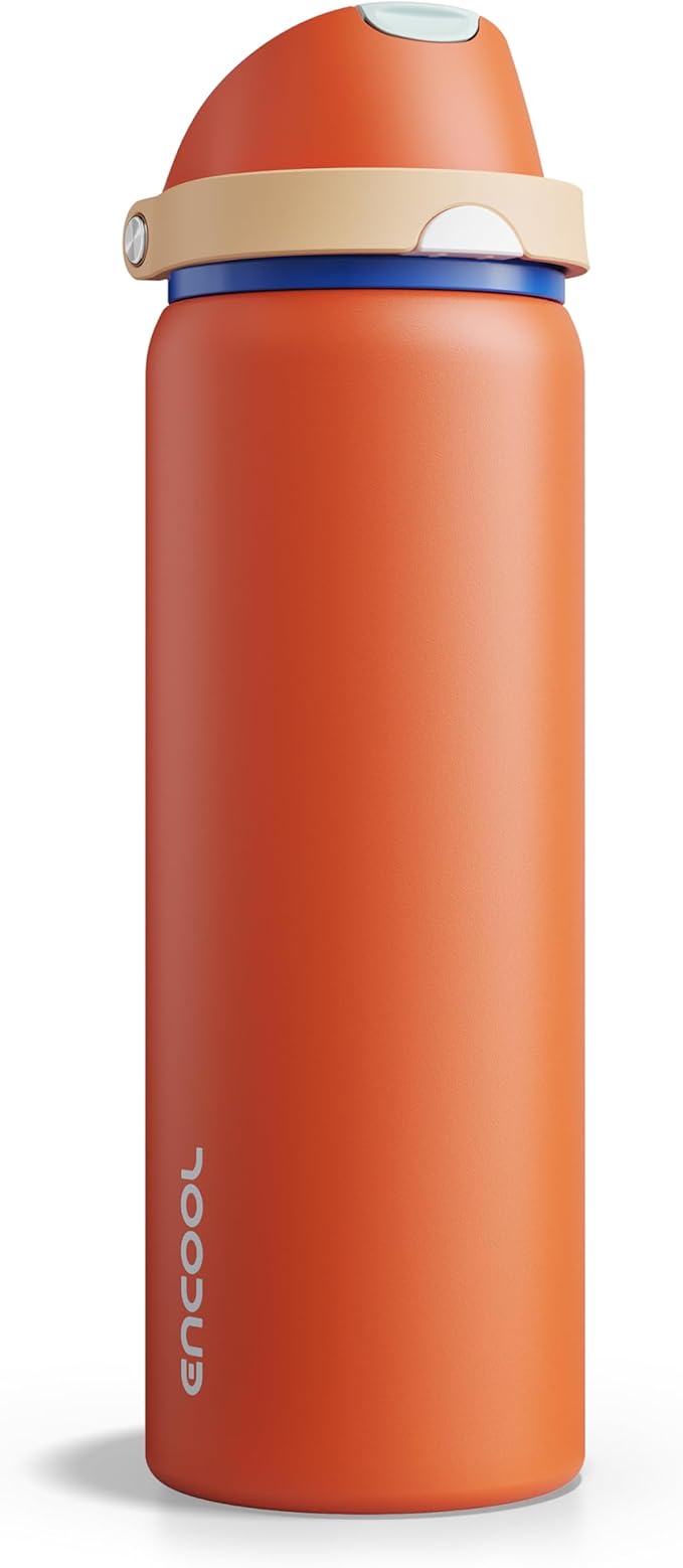 Insulated Water Bottle with Straw - Encool Stainless Steel Water Bottle with Push Button Lid, Leak-Proof & BPA-Free, Keeps Cold for 24 Hours for Sports, Travel, Gym (32 oz, Salmon)