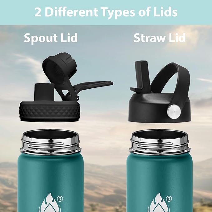 Insulated Water Bottle 40 oz with Straw, Stainless Steel Wide Mouth Water Bottle, Double Wall Vacuum Leak Proof with Straw Lid & Spout Lid for Sports or Office, Keep Cold or Hot Up to 24 Hrs