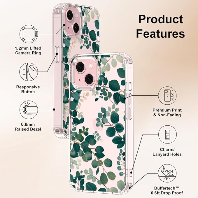 MOSNOVO Case for iPhone 15 Plus/iPhone 14 Plus, [Buffertech 6.6ft Military-Grade Drop Protection] [Anti Peel Off Tech] Clear TPU Bumper Phone Case Cover Design - Eucalyptus