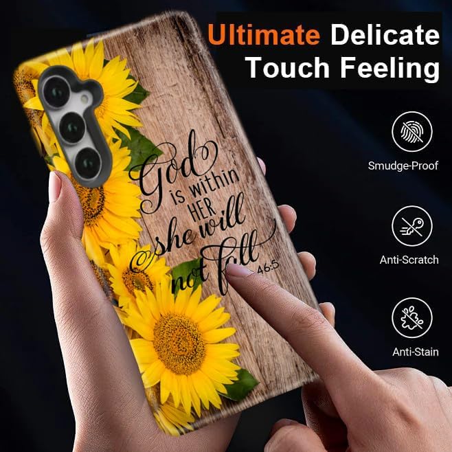 Compatible for Samsung Galaxy A37 5G Case, Dual Layer Heavy Duty 2 in 1 Shockproof Protective Phone Case,Bible Verses Psalm 46:5 Wood and Sunflower