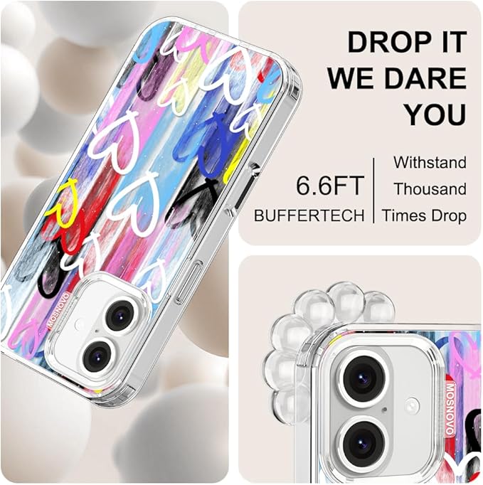 MOSNOVO for iPhone 16 Case, Shockproof Military-Grade Protection 6.6ft Drop Tested, Clear Phone Case for iPhone 16, Graffiti Hearts Design