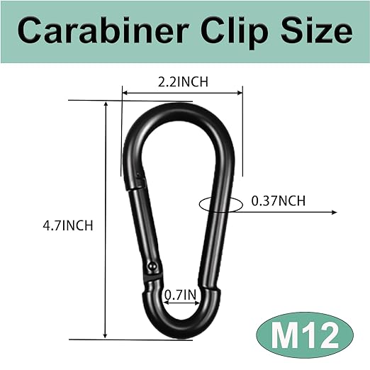 Black Carabiner, Heavy Duty Galvanized Steel Spring Snap Hook Carabiner Clips with 1000LBS Holding Capacity, Ideal for Outdoor, Hammock, Swing and Travel (1PCS M12 4.7Inch)