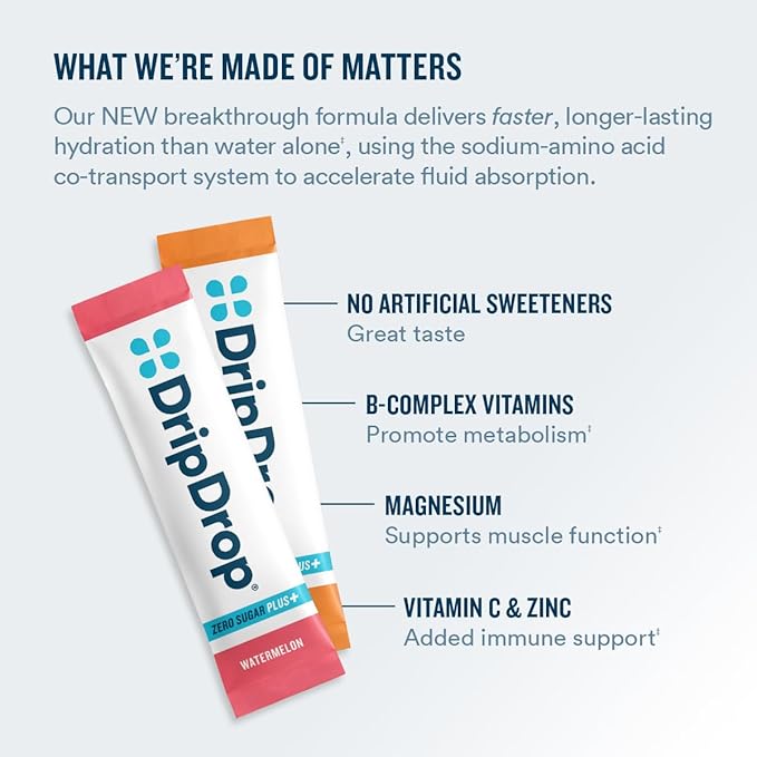 DripDrop Zero Sugar Plus - Sugar Free Hydration Packets - Single Serve Electrolytes Powder Drink Mix - Raspberry Lemonade, Watermelon, Tangerine, Tropical Punch - Non-GMO, Vegan- 8 Sticks