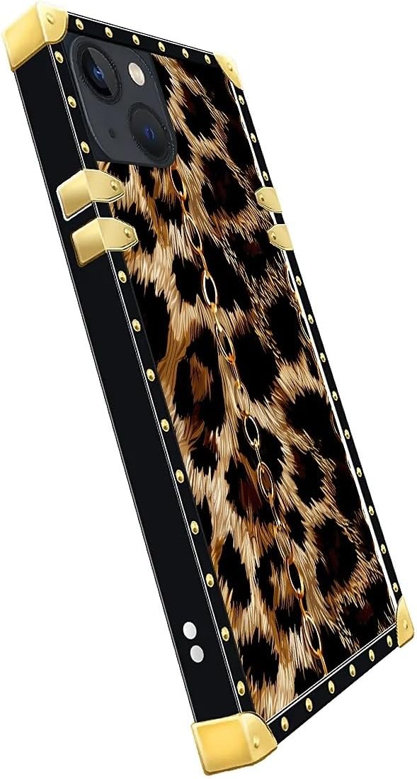 Compatible with iPhone 13 Case, Seamless Gold Chain Leopard Luxury Golden Decoration for Girl Women Soft TPU Shockproof Protective Hard PC Back for iPhone 13