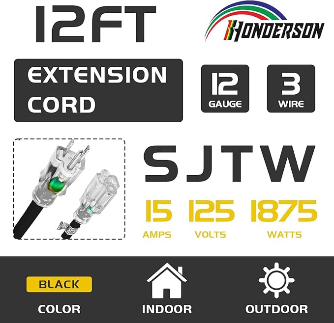 Indoor Outdoor Extension Cord Weatherproof with Lighted End, UL Certified, 12 Gauge 12FT Black 3 Prong Heavy Duty, 12/3 SJTW 15A Power Cord for Outdoor Lights, Lawn