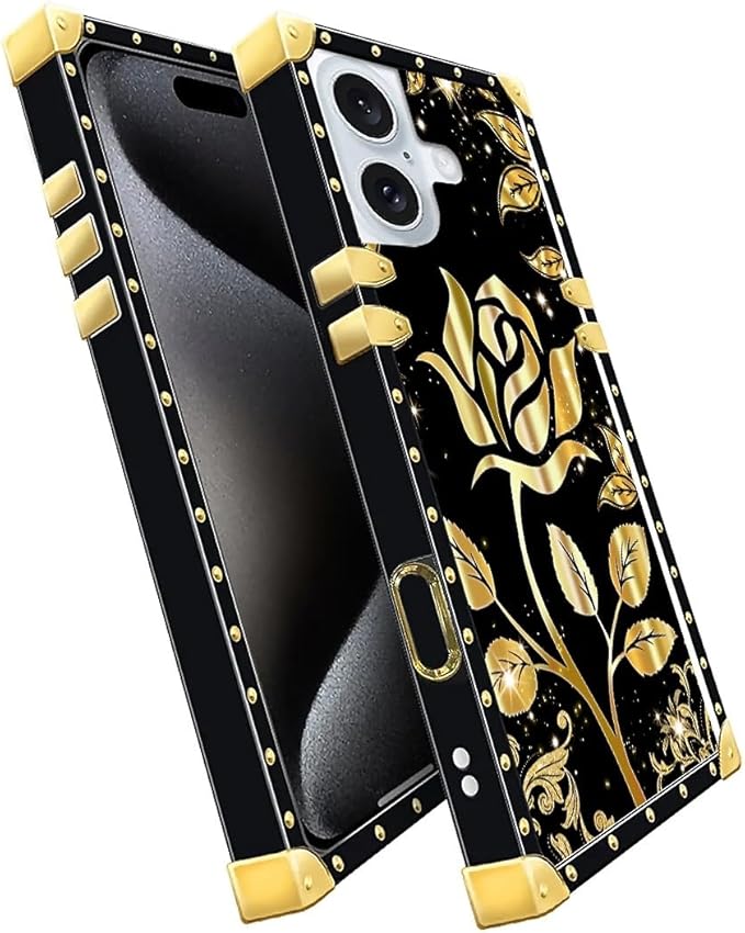 Compatible with iPhone 16 Plus Case, Shine Gold Rose Luxury Golden Decoration for Girl Women Soft TPU Shockproof Protective Hard PC Back for iPhone 16 Plus