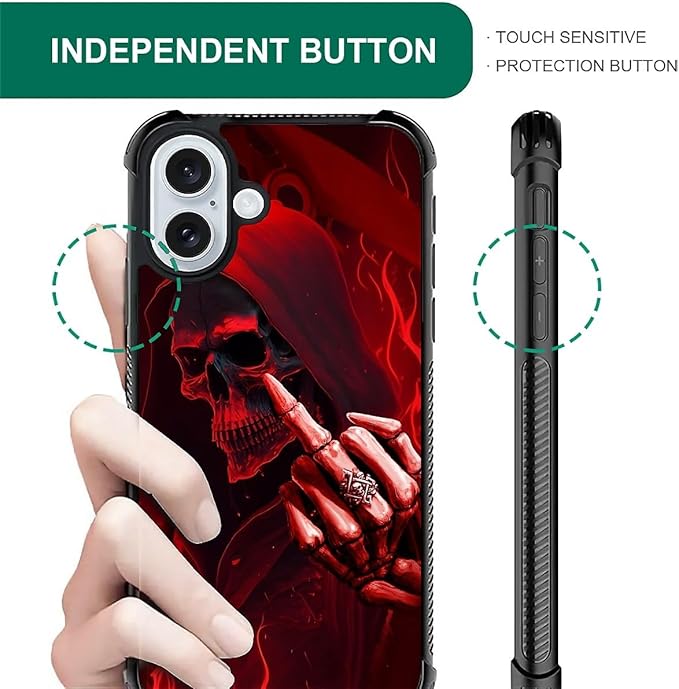 for iPhone 16 Plus Case, Gestures Funny Skull Pattern Graphic Design Girl Boy Soft Silicone Hard Acrylic Shock Protection for iPhone 16 Plus