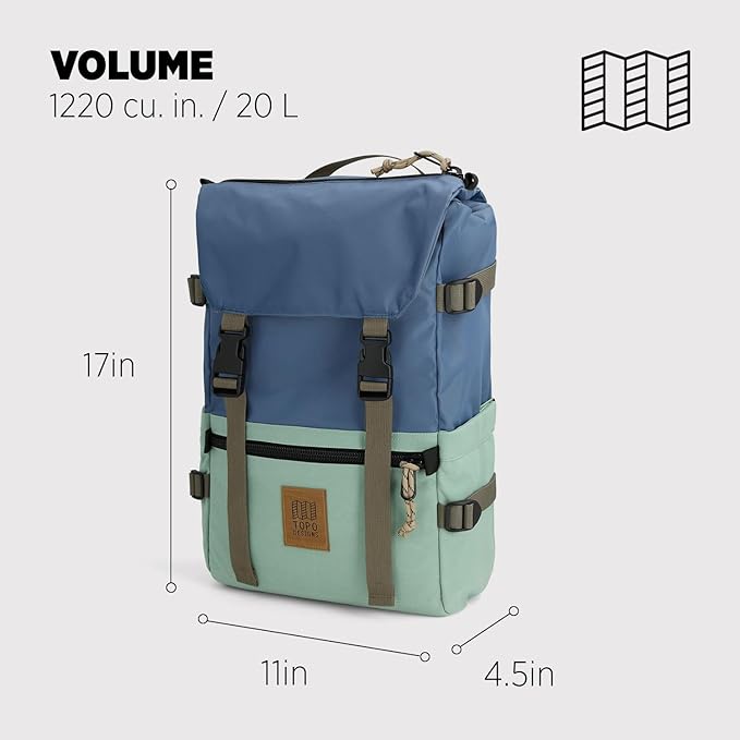 Topo Designs Rover Pack Classic - Laptop Tablet Daypack for Commutes, Day Trips, Hikes, Iconic Denver Design, PFAS-Free, Fair Trade, BlueSign Backpack (Stone Blue/Ash Green)