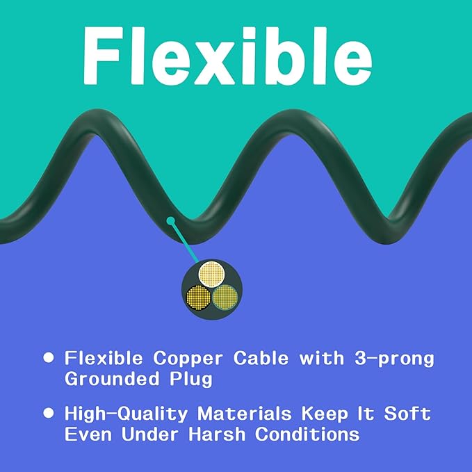 Indoor Outdoor Extension Cord 100 FT, 16/3 SJTW Weatherproof Green Electrical Cords, 10 AMP Heavy Duty 3 Prong Power Cable Great for Garden, Landscaping & Holiday Decorations