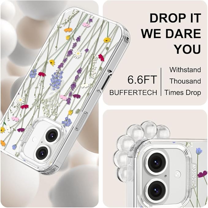 MOSNOVO Case for iPhone 16 Plus, [Buffertech 6.6ft Military-Grade Drop Protection] [Anti Peel Off Tech] Clear TPU Bumper Phone Case Cover Design - Floral Garden