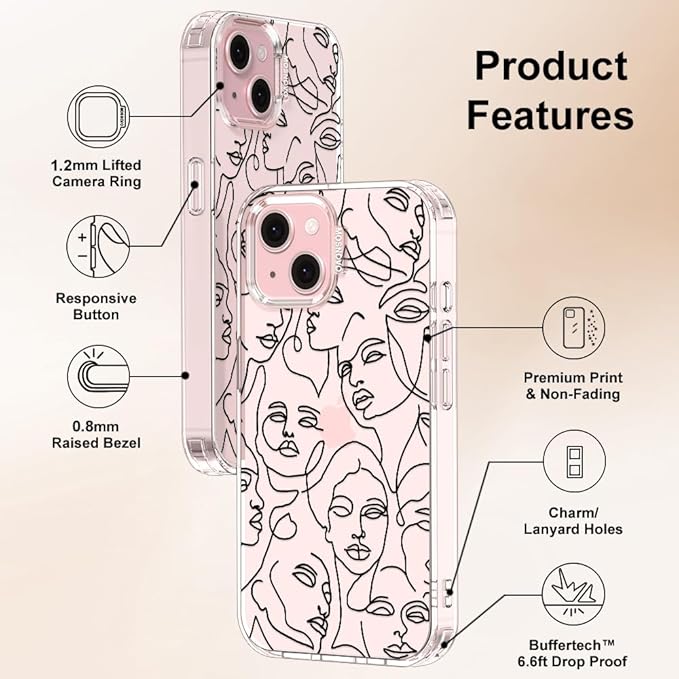 MOSNOVO Case for iPhone 15 Plus/iPhone 14 Plus, [Buffertech 6.6ft Military-Grade Drop Protection] [Anti Peel Off Tech] Clear TPU Bumper Phone Case Cover Design - Abstract Face Line Art