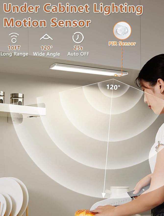 Under Cabinet Motion Sensor Lighting: 8 Inch Dimmable Rechargeable Lights Indoor - Battery Operated Lights - Undercabinet Closet Light Magnetic Led Light for Kitchen Home Bathroom Counter 4 Pack