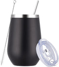 MEWAY 12oz Wine Tumbler Glasses with Lid and Straw - Stemless Double Wall Vacuum Stainless Steel Tumbler Keeping Cold & Hot for Wine,Drinks - Family and Gifts, Ideal for Travel and Office(Black,1)