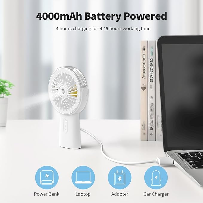 Otlonpe Handheld Misting Fan Portable, Small Personal Hand Held Rechargeable Mist Fan Water Spray, 4000mAh Battery Operated Hand Mister Fans 3-Speed, 4-15 Hrs Runtime for Travel Home Office Outdoor