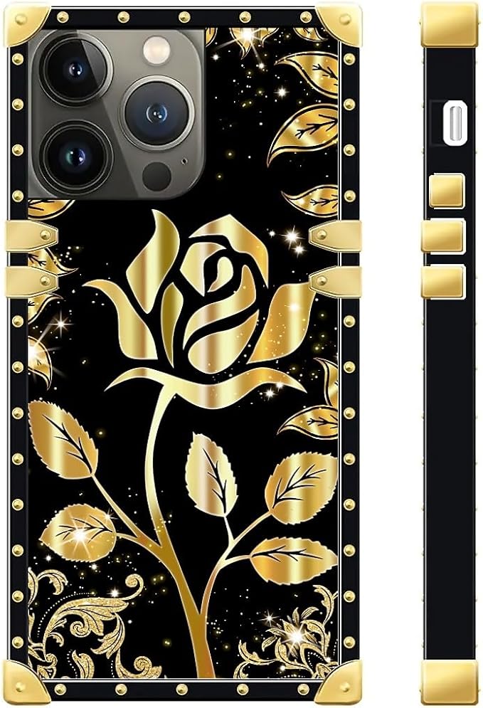 Compatible with iPhone 15 Pro Case, Shine Gold Rose Luxury Golden Decoration for Girl Women Soft TPU Shockproof Protective Hard PC Back for iPhone 15 Pro