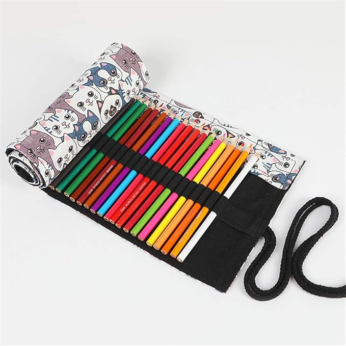 Funny live 24/36/48/72 Slots Colored Pencil Wrap Roll up Pen Holder Case Drawing Coloring Pencil Roll Organizer Stationery Case for Student Artist Traveler (Big-Head Cats, 36 Slots)