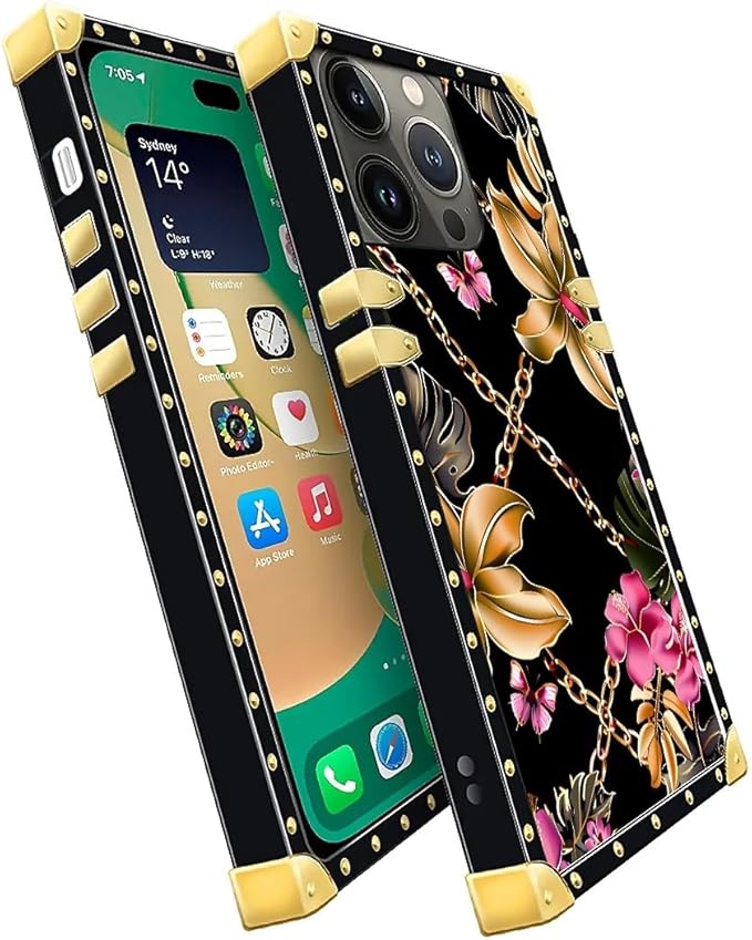 Compatible with iPhone 14 Pro Max Case, Pink Golden Chain Tropical Flower Luxury Golden Decoration for Girl Women Soft TPU Shockproof Protective Hard PC Back for iPhone 14 Pro Max