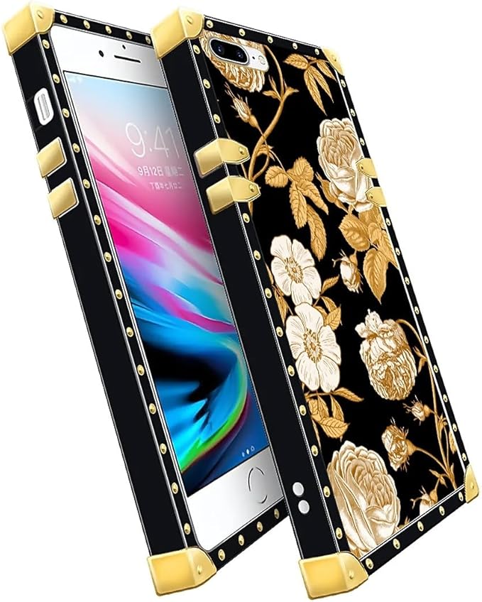 Compatible with iPhone 8 7 SE Case, Blooming Rose Golden Flower Luxury Golden Decoration for Girl Women Soft TPU Shockproof Protective Hard PC Back for iPhone 8 7 SE