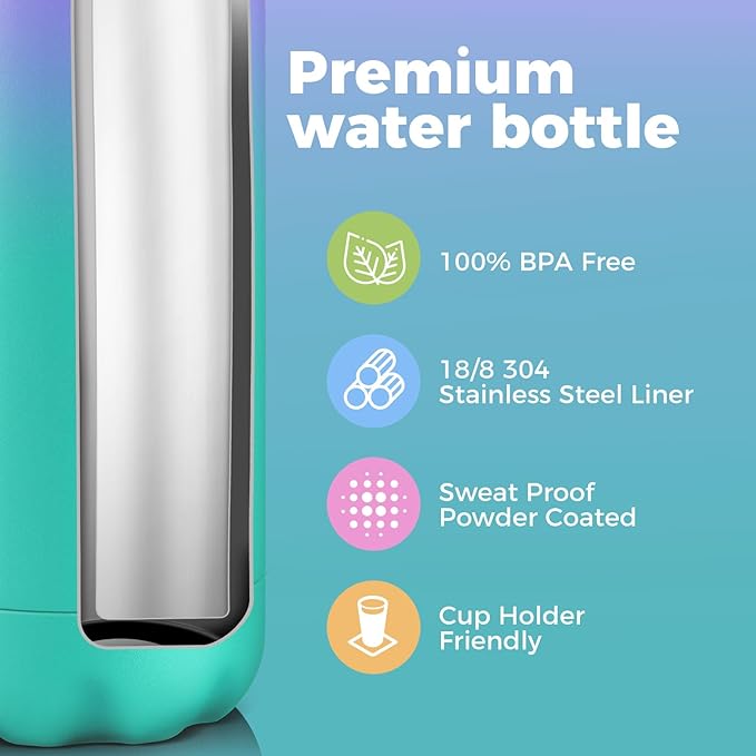 Volhoply 17oz Insulated Stainless Steel Water Bottle, Double Wall Vacuum Flask, Keeps Cold 24h & Hot 12h, Available in Packs of 1, 4, or 8（Purple Green,1 Pack）