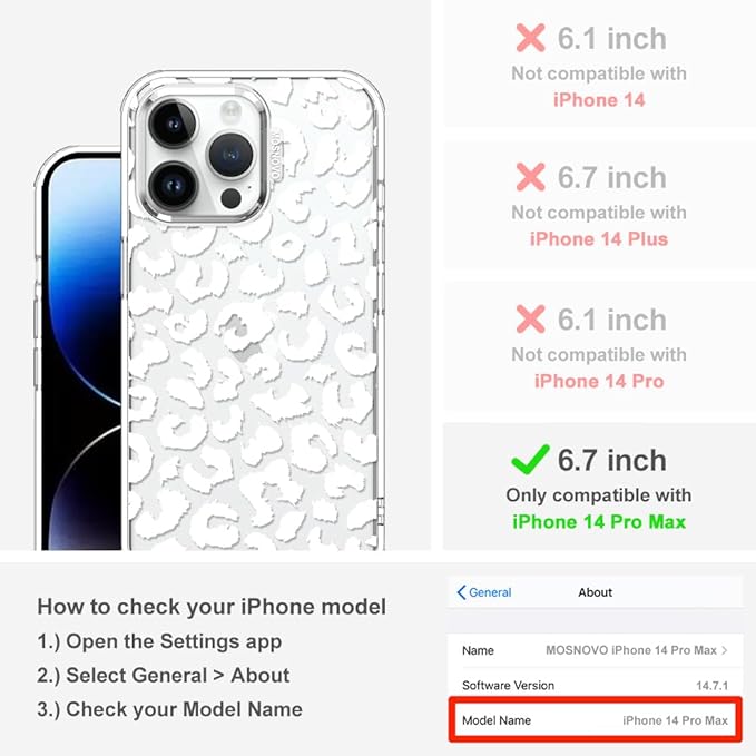MOSNOVO Case for iPhone 14 Pro Max, [Buffertech 6.6ft Military-Grade Drop Protection] [Anti Peel Off Tech] Clear TPU Bumper Phone Case Cover Design - White Leopard Print