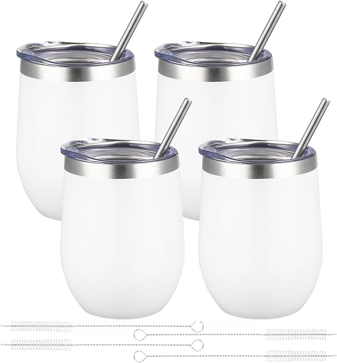 12oz/4 Pack Wine Tumbler Glasses with Lid Stemless Double Wall Vacuum Stainless Steel Travel Tumbler Keeping Cold & Hot for Wine,Coffee,Cocktails,Christmas Drinks-Family and Gifts(4 pack-White)