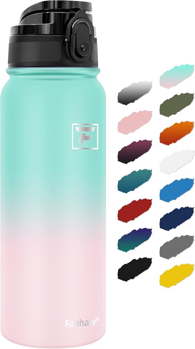 Fanhaw 20 oz Insulated Stainless Steel Water Bottle with Anti-Dust Chug Lid, Leakproof Vacuum Metal Bottle for Kids, Women & Men (Green Pink)
