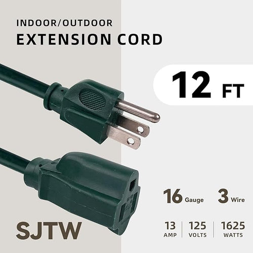 12ft Outdoor Extension Cord for Christmas Decorations- 16/3 Heavy Duty SJTW Waterproof Green Electrical Cable with 3 Prong Grounded Plug for Safety, Great for Lawn and Major Appliances