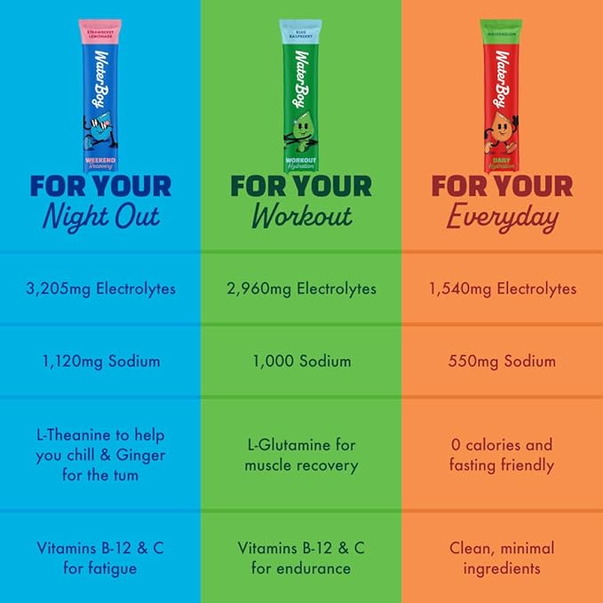 Waterboy Workout Hydration | 2,960mg Sugar Free Electrolyte Powder Packets | L-Glutamine + Vitamins | No Sugar, All Natural, Gluten Free | 15 Drink Stick Mixes (Blue Raspberry)