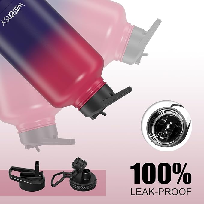 64oz Insulated Water Bottle (Cold for 48 Hrs),BPA Free&Leak Proof,Half Gallon Stainless Steel Water Flask,Water Jug with Straw Spout Lids for Gym,Hiking,Camping,Red Purple