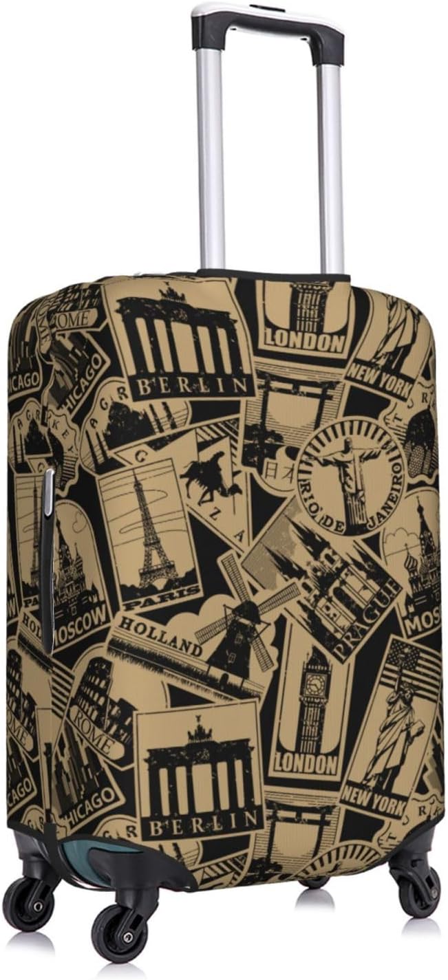Travel Luggage Cover with World Famous Landmarks Print, Suitcase Protector For Travel (Fits 25-28 Inch Luggage)