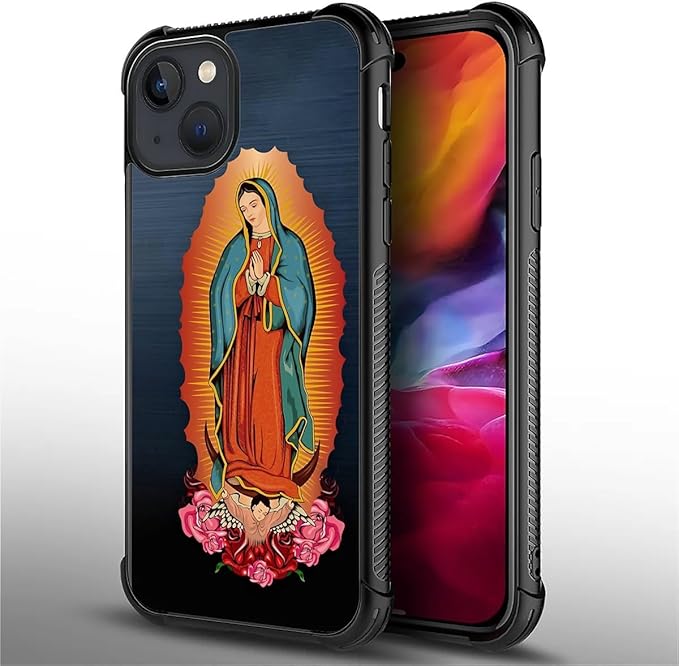 for iPhone 15 Case, Red Virgen Guadalupe Pattern Graphic Design Girl Boy Soft Silicone Hard Acrylic Shock Protection for iPhone 15