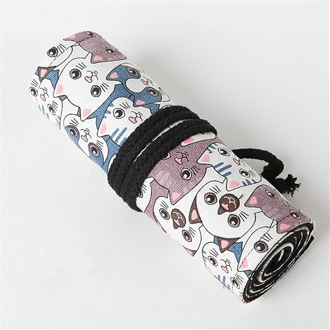 Funny live 24/36/48/72 Slots Colored Pencil Wrap Roll up Pen Holder Case Drawing Coloring Pencil Roll Organizer Stationery Case for Student Artist Traveler (Big-Head Cats, 36 Slots)