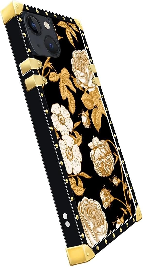 Compatible with iPhone 13 Case, Blooming Rose Golden Flower Luxury Golden Decoration for Girl Women Soft TPU Shockproof Protective Hard PC Back for iPhone 13