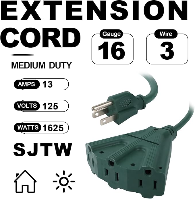 EP 15 Ft Outdoor Extension Cord with 3 Electrical Power Outlets - 16/3 SJTW Green Cable with 3 Prong Grounded Plug for Safety Great for Christmas Lights, Garden and Major Appliances