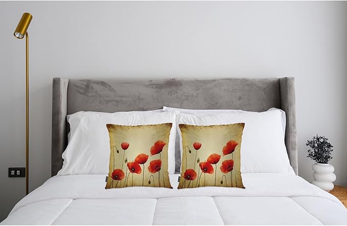 Swono Poppies Throw Pillow Cases, Grunge Poppy Flower Field Set of 2 Decorative Throw Pillow Cover, Square Pillow Cushion Case Home Decor for Sofa Couch Bed Car 18x18 Inches, Brown Red