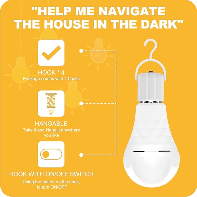 Neporal A19 Rechargeable Light Bulbs, Socket Rechargeable Emergency Light Bulb for Power Failure, 1200mAh Battery Backup Light Bulbs for Home, Hurricane, Led Bulb 60 Watt Equiv. (Daylight-2 PK)