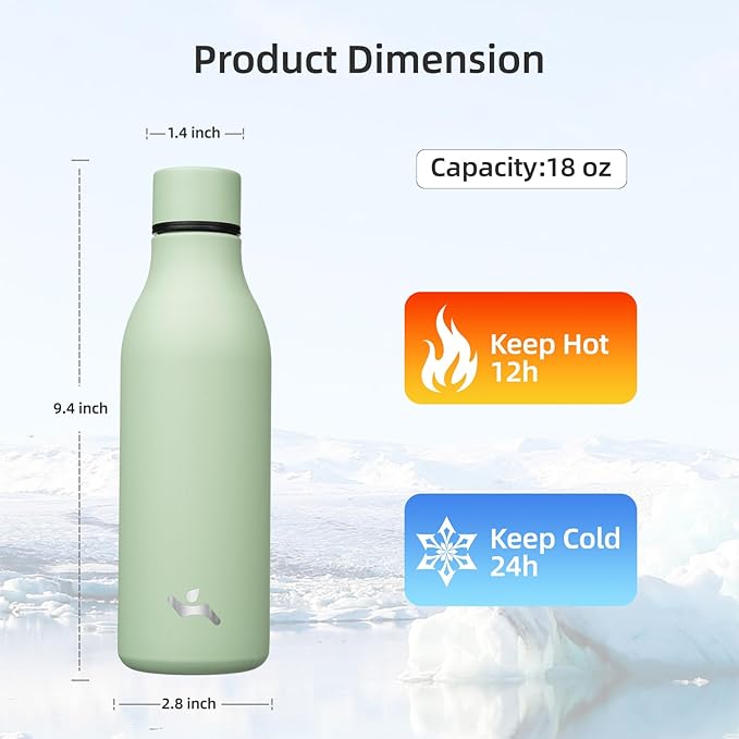 Konokyo Insulated Water Bottle with Strap,18 oz Double Wall Stainless Steel Vacuum Bottles Metal Water Flask,Macaron Green