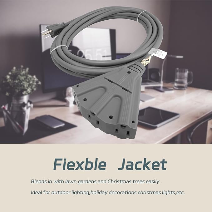 EP 25 Ft Outdoor Extension Cord with 3 Electrical Power Outlets - 16/3 SJTW Grey Cable with 3 Prong Grounded Plug for Safety Great for Christmas Lights, Garden and Major Appliances